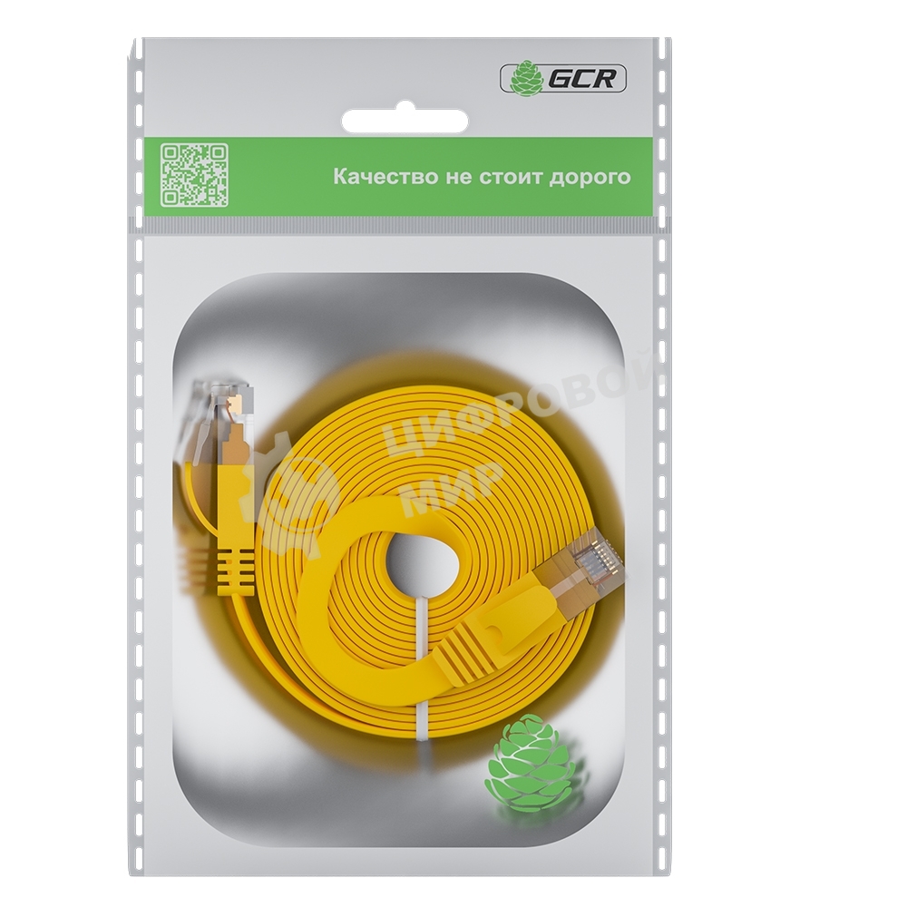 Патч-корд GCR PROF плоский прямой 2.0m, UTP медь cat.6, желтый, 30 AWG, ethernet high speed 10 Гбит/с, RJ45, T568B, GCR-52827