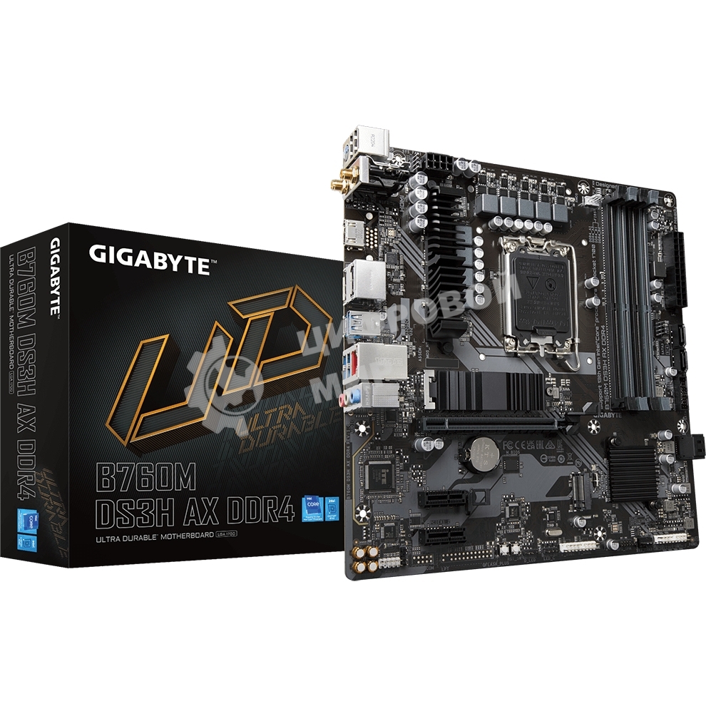 Материнская плата Gigabyte B760M DS3H AX DDR4 (V1.2/V1.3), LGA 1700, Intel B760, 4xDDR4, 4xSATA, 2xM.2, 1xPCI-E 4.0 x16, 2xPCI-E 4.0 x1, 1xHDMI, 2xDP, 1x 2.5Gb LAN, 3xUSB 3.2 Gen 1, 2xUSB 2.0, 3x3.5 мм, 7.1, Micro-ATX