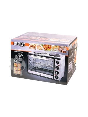 Мини-печь Mystery MOT-3330 (нержавеющая сталь, 1500 Вт, 2 конфорки, гриль, съемный вертел)