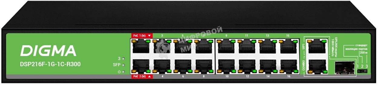 Коммутатор Digma DSP216F-1G-1C-R300 (L2) 16x100 Мбит/с 1x1 Гбит/с 1xКомбо(1000BASE-T/SFP) 16PoE 16PoE+ 2PoE++ 300W неуправляемый
