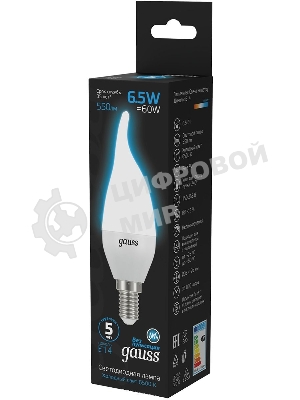 Лампа светодиодная Gauss 104101307 6.5Вт цок.: E14 свеча 220B 6500K св. свеч. бел. хол. (упак.: 10 шт)