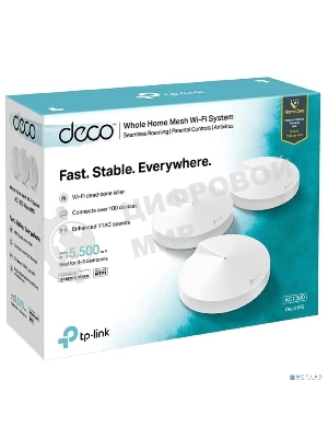 Маршрутизатор TP-Link TP-Link DECO M5(3-PACK) AC1300 Домашняя Wi-Fi система, чипсет Qualcomm, два диапазона (Dual-Band), поддержка стандартов 802.11ac/a/b/g/n, 717 МГц четырехъядерный процессор, Bluetooth 4.2, 2 гигабитных порта Ethernet, 1 порт USB Type-C, 4 встроенные антенны, 256QAM, MU-MIMO, HomeCare