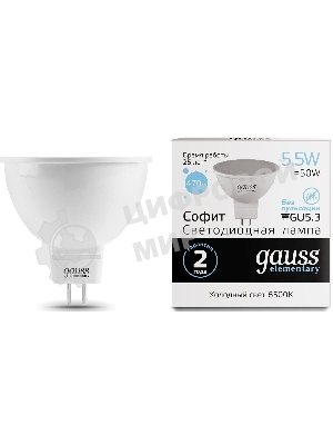Лампа светодиодная Gauss Elementary MR16 6Вт цок.: GU5.3 спот 220B 6500K св. свеч. бел. хол. MR16 (упак.: 10 шт)