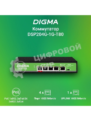 Коммутатор Digma DSP204G-1G-T80 (L2) 5x1 Гбит/с 4PoE 4PoE+ 1PoE++ 80W неуправляемый