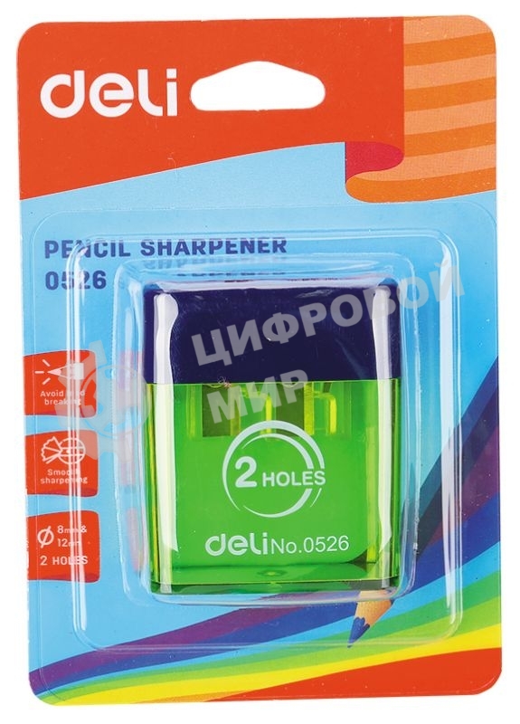 Точилка для карандашей ручная Deli E0526, 2 отверстия, пластик, ассорти блистер