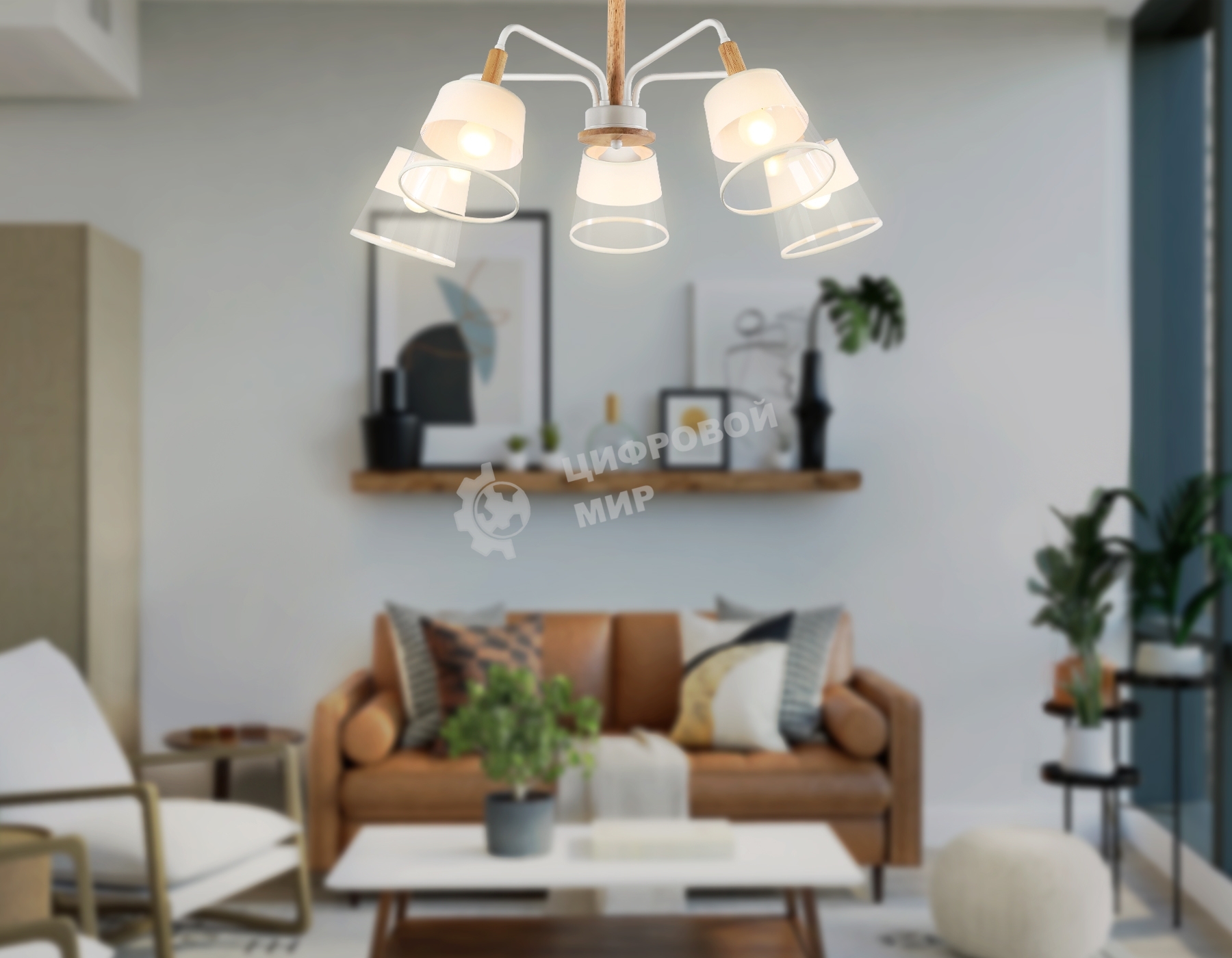 Светильник Ambrella light TR4738/5 WH/LW белый/светлое дерево E27/5 max 40W D760*350
