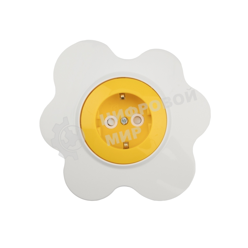 Розетка одноместная Kranz HAPPY Яичница скрытой установки, с заземлением и защитными шторками, желтая/белая