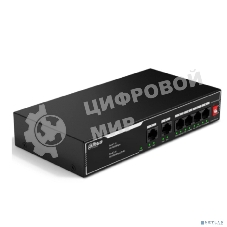 Коммутатор неуправляемый 6-портовый с РоЕ Dahua DH-SF1006LP, 4xRJ45 100Mb PoE, 2xRJ45 100Mb uplink, суммарно 36Вт, коммутация 1.2 Гбит/с, MAC-таблица 2K, металл