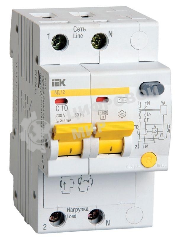 Выключатель автоматический дифференциального тока 2п C 10А 30мА тип AC 4.5кА АД-12 IEK MAD10-2-010-C-030
