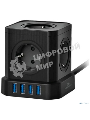 Сетевой фильтр Cablexpert Tower, TWR-5-U4-B-3, 5 р, 10А, 4хUSB, 3.1А, 3 м, ур.защиты 4+, черный, коробка