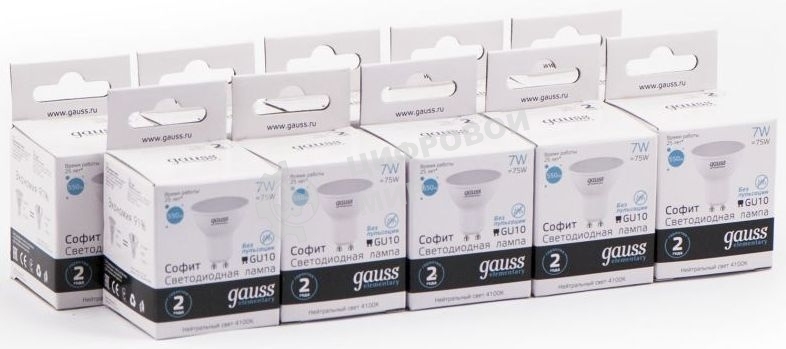Лампа светодиодная Gauss Elementary MR16 7Вт цок.: GU10 спот 220B 4100K св. свеч. бел. нейт. MR16 (упак.: 10 шт) (13627)