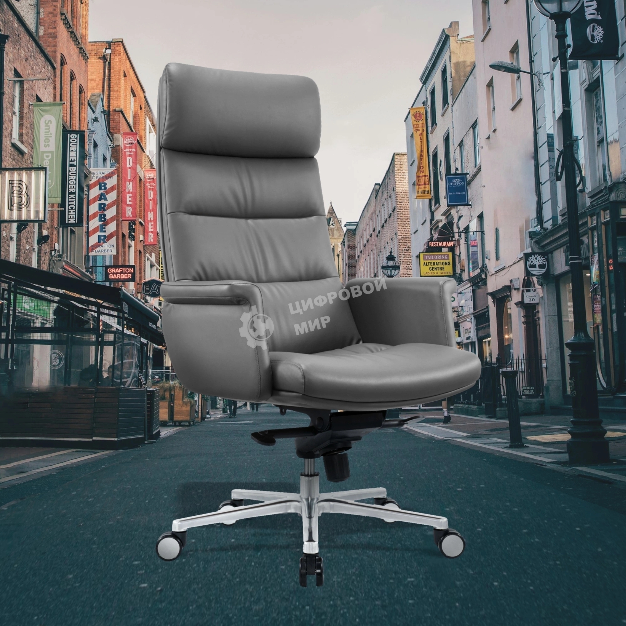 Кресло руководителя Cactus CS-LGR-DUBLIN темно-серый, сиденье темно-серый, кожа, крестов. алюминий