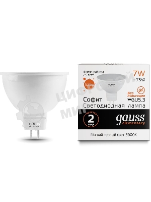 Лампа светодиодная Gauss Elementary MR16 7Вт цок.: GU5.3 спот 220B 3000K св. свеч. бел. теп. MR16 (упак.: 10 шт) (13517)