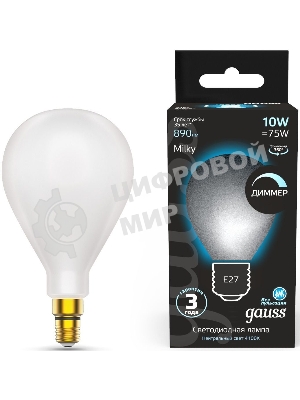 Лампа cветодиодная Gauss Filament А160 10W 890lm 4100К Е27 milky диммируемая LED