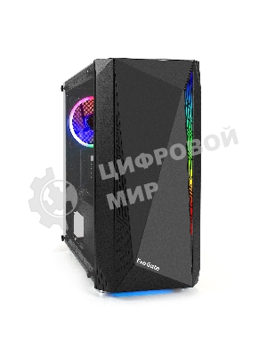 Компьютерный корпус Minitower ExeGate Mistery R2-NPX450 (mATX, БП 450NPX с вент. 12 см, 2*USB+1*USB 3.0, аудио, черный, 1 вент. 12см с RGb подсветкой и полоса на передней панели, боковая панель - закаленное стекло)