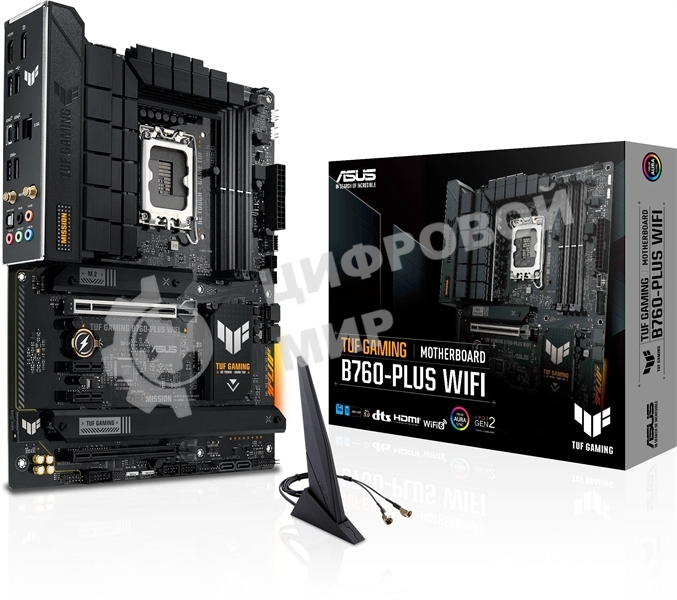 Материнская плата ASUS TUF GAMING B760-PLUS WIFI, LGA 1700, Intel B760, 4xDDR5, 4xSATA, 3xM.2, 1xPCI-E 5.0 x16, 1xPCI-E 3.0 x4, 1xUSB-A 3.2 Gen 2, 3xUSB-A 3.2 Gen 1, 1xUSB-C 3.2 Gen 2x2, 1x2.5Gb LAN, 5x3.5 мм, 7.1, Wi-Fi 6, Bluetooth 5.2, Standard-ATX