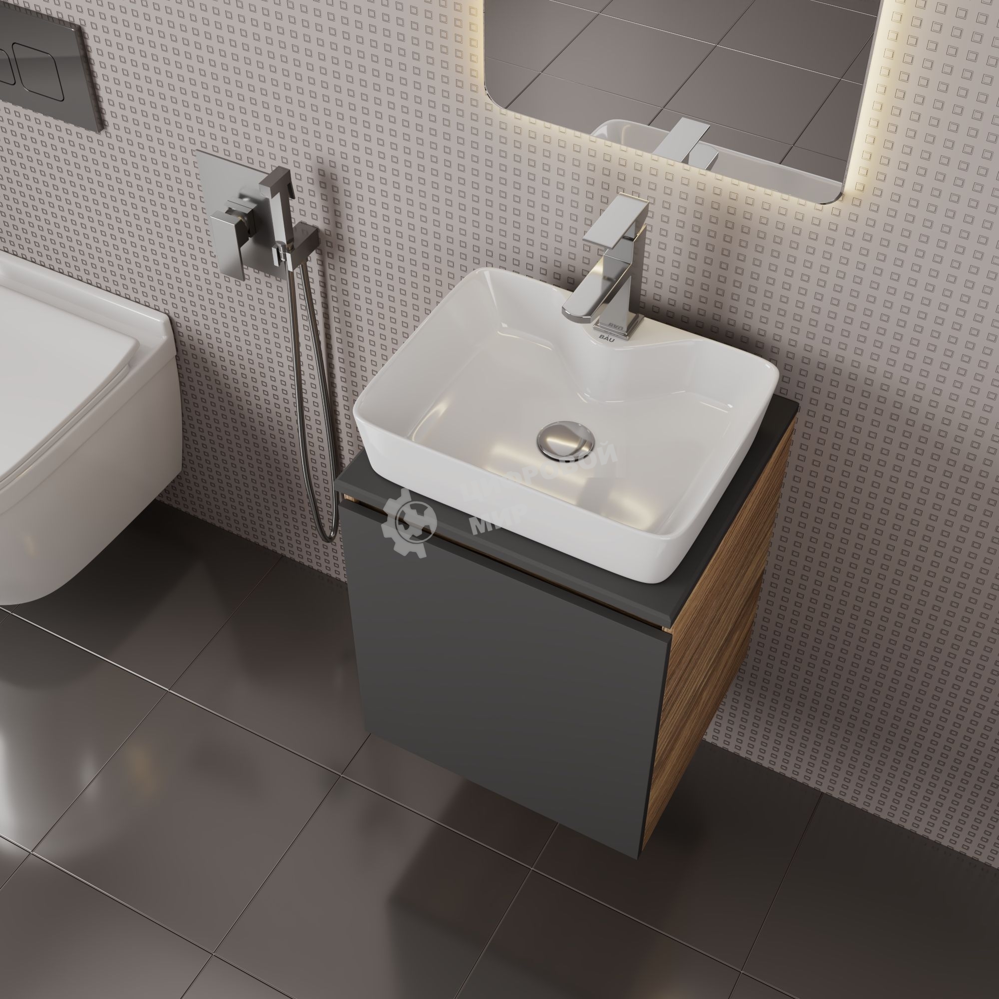 Тумба Bau Dream Blackwood 50 графит, раковина BAU Cerama 48х37 белая, смеситель Hotel Still, нерж. сталь, выпуск клик клак, хром