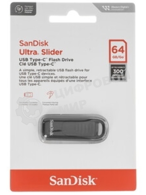 Флешка USB SanDisk Ultra Slider (SDCZ480-064G-G46), 64Gb, USB Type-C, R/W 300/70, черный