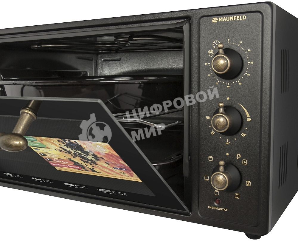 Мини-печь Maunfeld Мини-печь Maunfeld/ширина 60 см, механическое управление, 45 л,конвекция, черный+стекло,фурнитура бронза