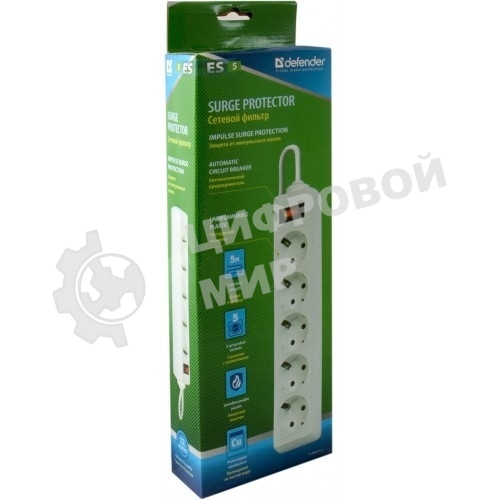 Сетевой фильтр Defender ES 99481 белый, 1.8 м, EURO, 5 розеток, 2200 Вт