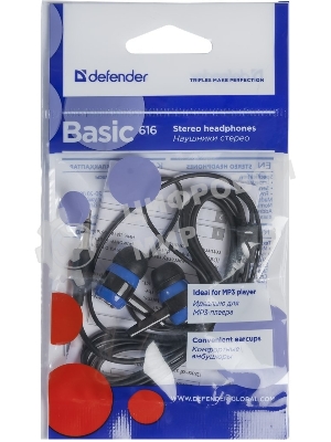 Проводные наушники Defender Basic 616 черный/синий, внутриканальные, Jack 3.5 мм