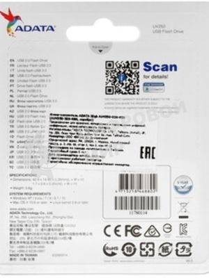 Флешка USB ADATA UV250 (AUV250-32G-RBK), 32Gb, USB 2.0, R/W 25/10, серебристый