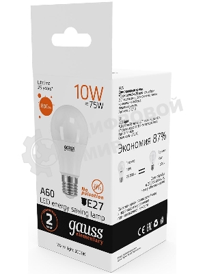 Лампа светодиодная Gauss Elementary 10Вт цок.: E27 груша 220B 3000K св. свеч. белый теп. A60 (упак.: 10 шт)