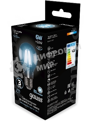 Лампа светодиодная Gauss 102802206LED Filament А60 Е27 6Вт 4100к 1/10/40