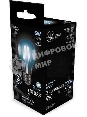 Лампа светодиодная Gauss 102802206LED Filament А60 Е27 6Вт 4100к 1/10/40