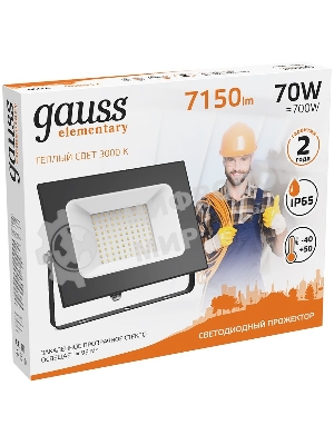 Прожектор светодиодный GAUSS 613527170 LED 70W 4450lm IP65 3000К черный 1/24