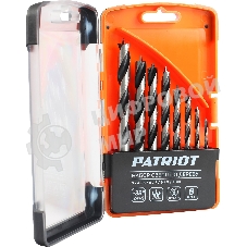 Набор сверл по дереву PATRIOT спиральные, W-образная заточка, 8 шт: 3, 4, 5, 6, 7, 8, 9, 10 мм, в пластиковом боксе