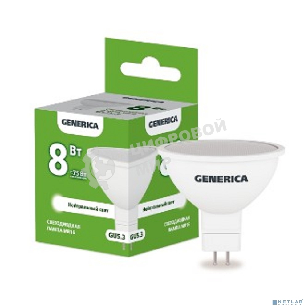 Лампа cветодиодная LED MR16 IEK LL-MR16-08-230-40-GU5-G софит 8Вт 230В 4000К GU5.3 GENERICA
