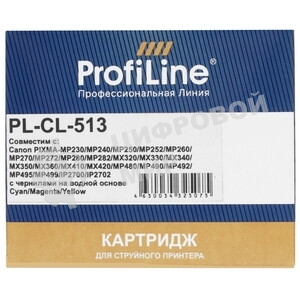 Картридж струйный ProfiLine PL-CL-513 для принтеров Canon Pixma iP2700 MP240/250/260/270/272/280/480/490/492/495/MX320/330/340/350 Color водн