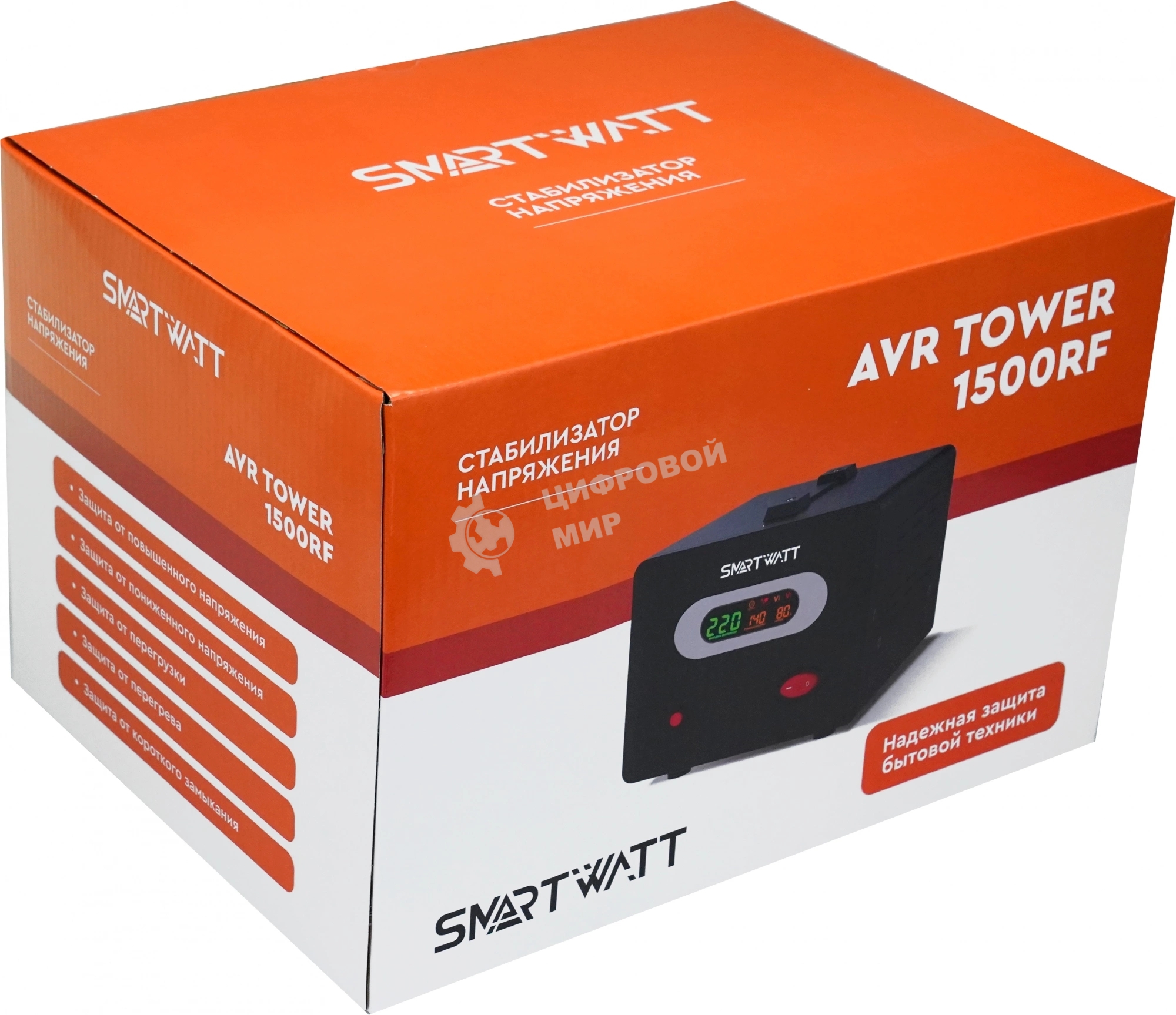 Напольный стабилизатор напряжения SMARTWATT AVR TOWER 1500RF (140W - 260W, 1500VA, 1.5 кВт, 50-60 Гц, розеток - 2, LED-д