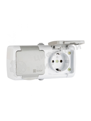 Розетка EKF Мурманск EFR16-129-30-54 2-местная 16А с заземлением с крышкой IP54 серый с защитными шторками