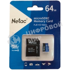 Флеш карта microSDHC 64Gb Netac P500 NT02P500STN-064G-R (с SD адаптером) 80Mb/s