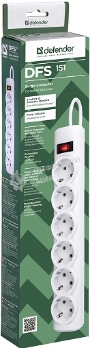 Сетевой фильтр Defender DFS 151 1,8 м, белый, 6 розеток