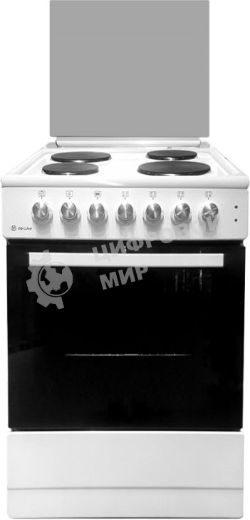 Электрическая плита De Luxe 606004.13э 001(кр) белыйЭлектрическая плита, Крышка стеклянная,,Электроконфорки:Ø 180 мм 1,5 кВт Ø 145 мм 1  кВтТЭН   верхний 1,1 кВт ТЭН    нижний  1,3 кВт,Индикация,Таймер с отключениемТерморегулятор,Выдвигающийся  ящик под хозяйственный отсек,Шнур питания без вилки, Объём духовки 58 л. Комплектация: Большой противень Малый противень Решётка для жарки