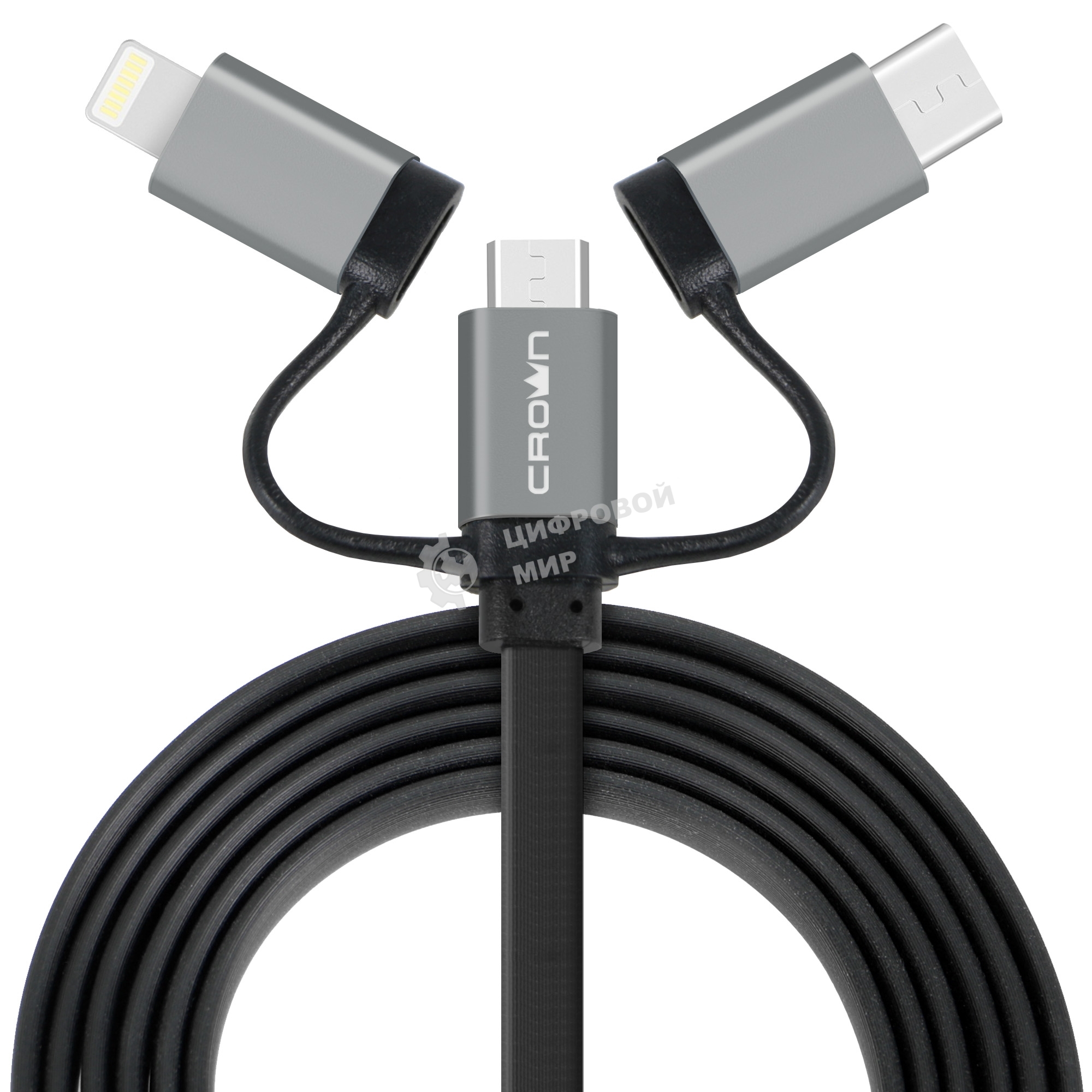 Кабель Crown USB - microUSB/USB Type-C/Lightning CMCU-3182 черный