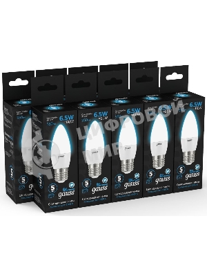 Лампа светодиодная Gauss 103102307 6.5Вт цок.: E27 свеча 220B 6500K св. свеч. бел. хол. (упак.: 10 шт)