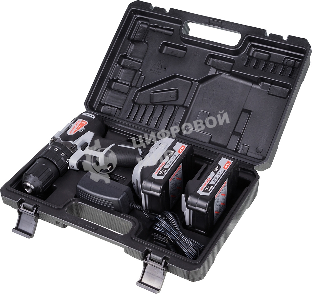 Дрель-шуруповерт аккумуляторная ИНТЕРСКОЛ ДАУ-13/18ВК, Аккумуляторный, 18В, 2 АКБ, Ударный, Кейс