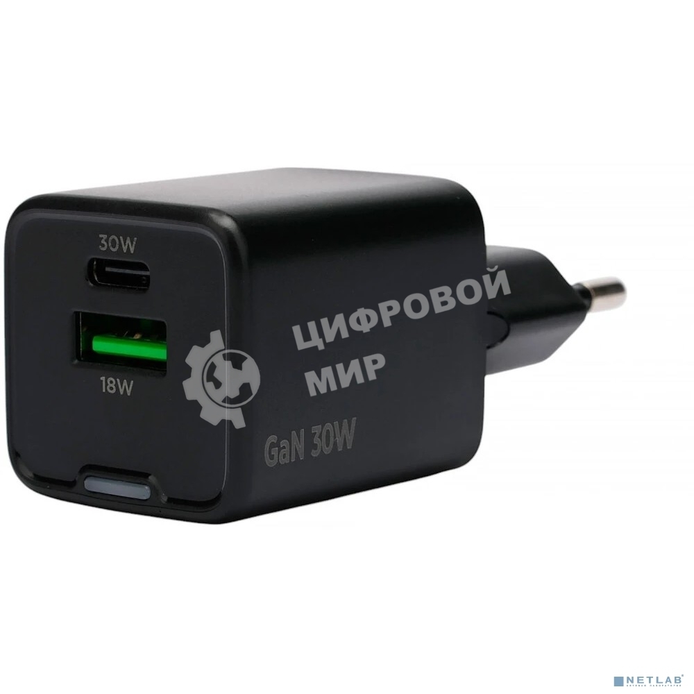 Зарядное устройство Cablexpert MP3A-PC-64, 30Вт GaN, 3А, QC4.0/PD, 1xUSB, 1xType-C, черный, пакет