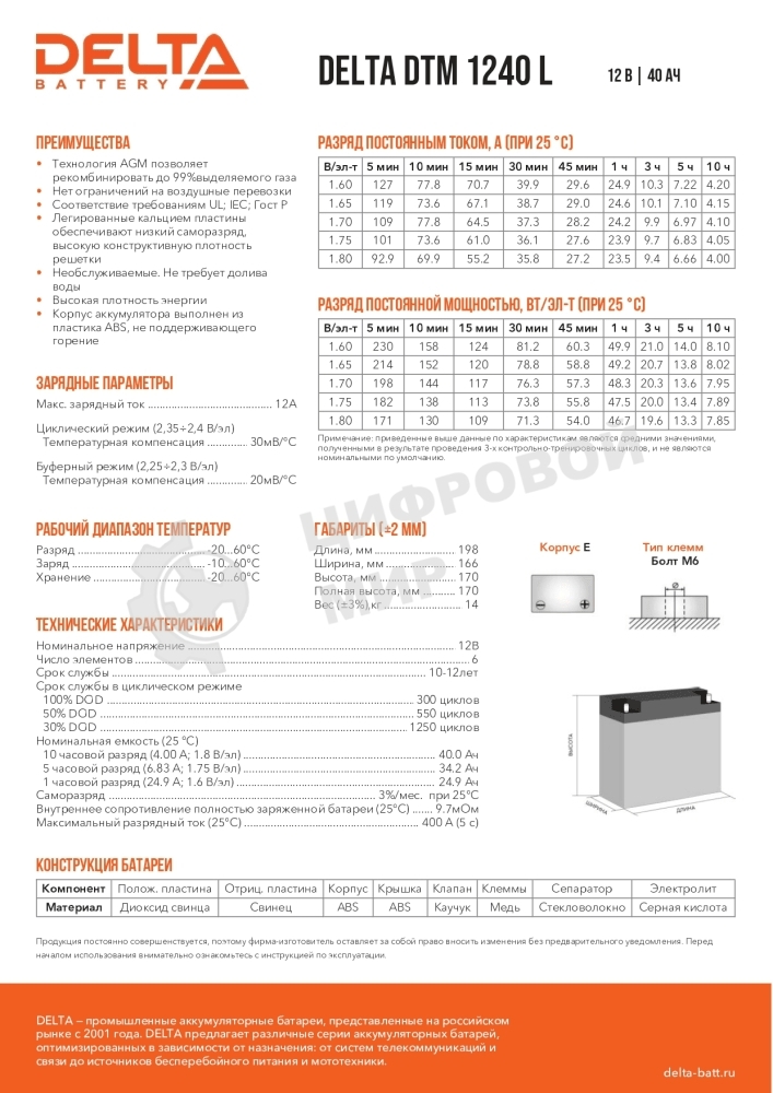 Батарея для ИБП Delta DTM 1240 L (12V, 40Ah) с увеличенным сроком службы (10 лет)