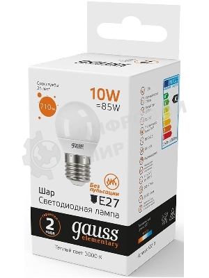 Лампа светодиодная Gauss Elementary 10Вт цок.: E27 шар 220B 3000K св. свеч. белый. теп. (упак.: 10 шт)