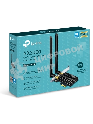 Адаптер Tp-Link ARCHER TX50E 11AX 3000Mbps dual-band PCI-E adapter, 2402Mbps at 5G and 574Mbps at 2.4G, support Bluetooth 5.0, WPA2 encryption, two external Antennas.