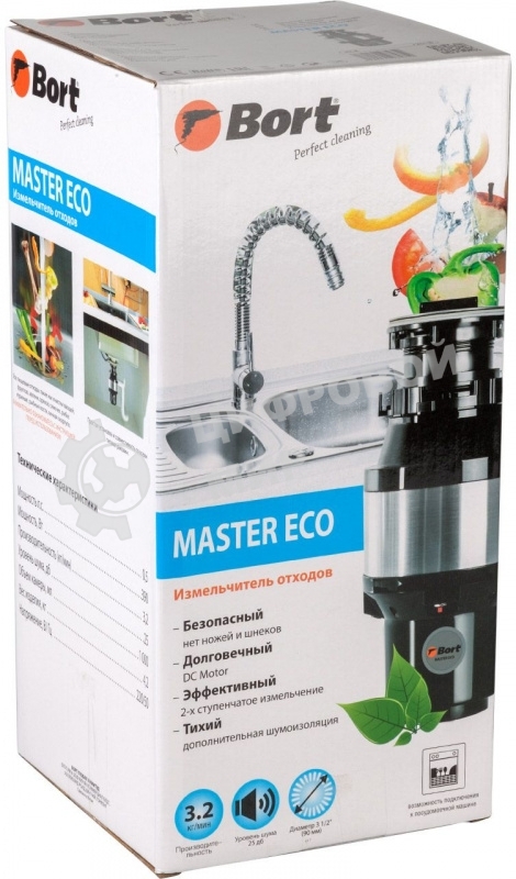 Измельчитель пищевых отходов Bort MASTER ECO (91275752) Число ступеней измельчения 2; Система шумоизоляции Да; Мощность 390 Вт; Объем камеры 1000 мл; Материал камеры Металл; Система защиты от перегрузки и заклинивания; Скорость холостого хода 2600 об/мин;