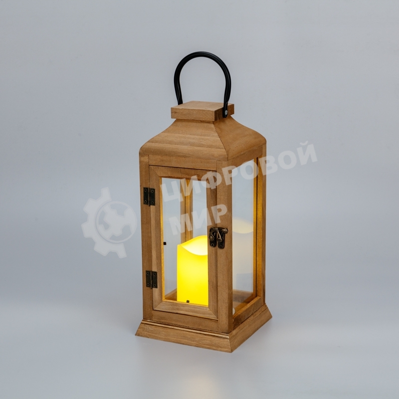 Фонарь декоративный со свечкой Neon-night, корпус из дерева, коричневый, 15х15х38cм, теплый белый
