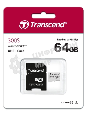 Флеш карта Micro SecureDigital 64Gb Transcend Class 10 TS64GUSD300S-A MicroSDXC Class 10 UHS-I, SD adapter
