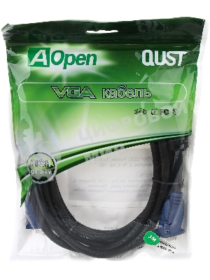 Кабель VGA 3м AOpen 2 фильтра, монитор-SVGA card 15M-15M, ACG341AD-3M