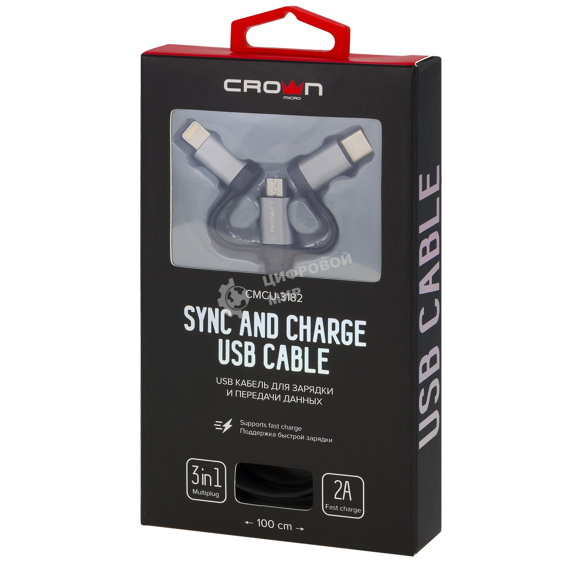 Кабель Crown USB - microUSB/USB Type-C/Lightning CMCU-3182 черный